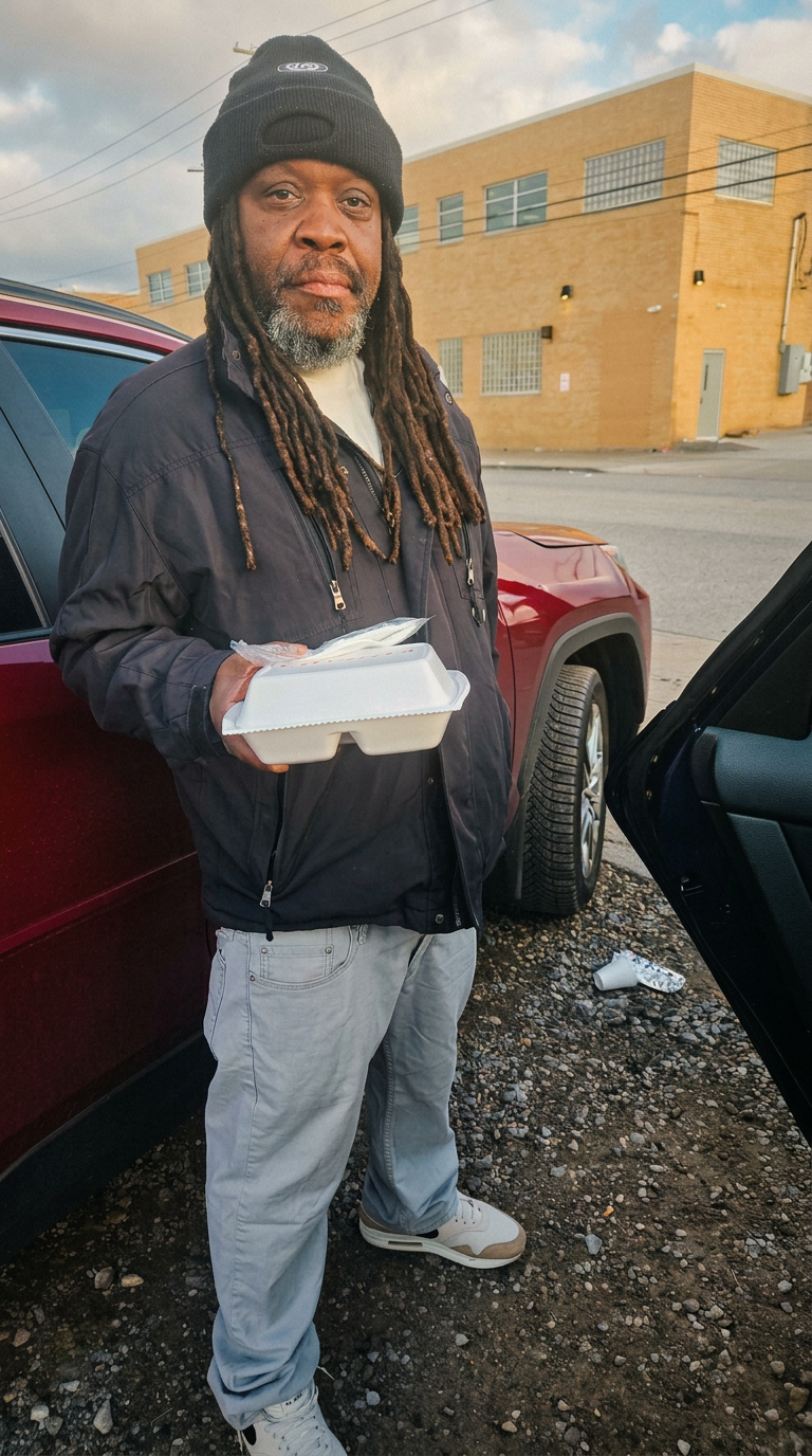 A neighbor receives a hot meal in the community